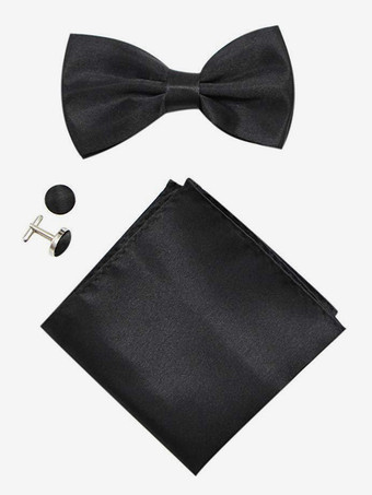 ブラック メンズ 3 ピース ソリッドカラー フォーマル サテン セット (ネクタイ、ポケットチーフ、スカーフ、カフスボタン付き)