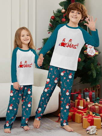 ファミリークリスマスパジャマ 大人用 子供用 ブルー ホワイト クリスマス柄 パンツ トップ