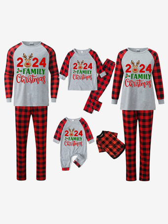 ファミリークリスマスパジャマ カップル用 大人用 レターチェック柄 クリスマス柄 トップパンツ