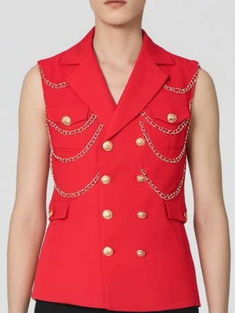 レッド メンズ メタルチェーン装飾スーツベスト パンクロック パフォーマンスステージジャケット