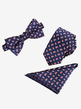 ディープブルー6cm メンズ 3点セット ポケット付きスカーフ、ネクタイ、蝶ネクタイ付き