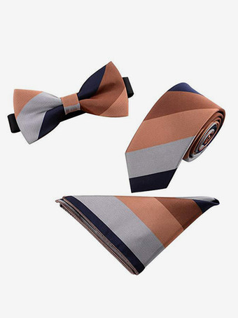 カーキ 6cm メンズ 3点セット ポケット付きスカーフ、ネクタイ、蝶ネクタイ付き