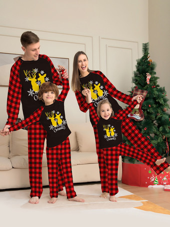ブラック ファミリーマッチングセット チェック柄 長袖 エルク レッド ブラック フェスティバル クリスマス パジャマ