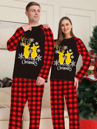 ファミリーマッチングセット チェック柄 長袖 エルク レッド ブラック フェスティバル クリスマス パジャマ