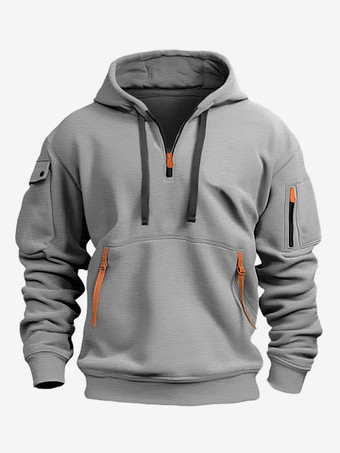 ライトグレー メンズ パーカー ジッパー マルチポケット プルオーバー メンズ スポーツ カジュアル ジャケット