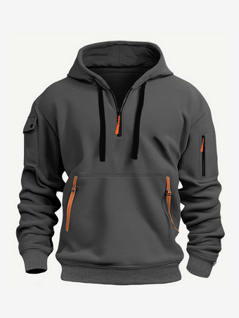 ダークグレー メンズ パーカー ジッパー マルチポケット プルオーバー メンズ スポーツ カジュアル ジャケット