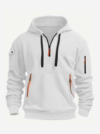 ホワイト メンズ パーカー ジッパー マルチポケット プルオーバー メンズ スポーツ カジュアル ジャケット