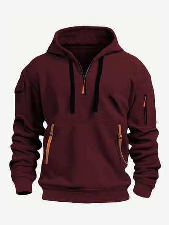 ワインレッド メンズ パーカー ジッパー マルチポケット プルオーバー メンズ スポーツ カジュアル ジャケット