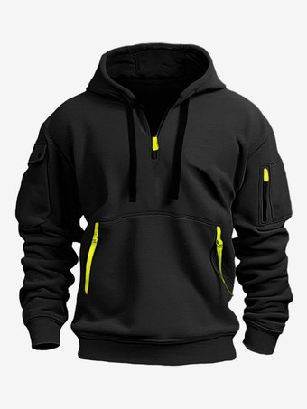 ブラック メンズ パーカー ジッパー マルチポケット プルオーバー メンズ スポーツ カジュアル ジャケット