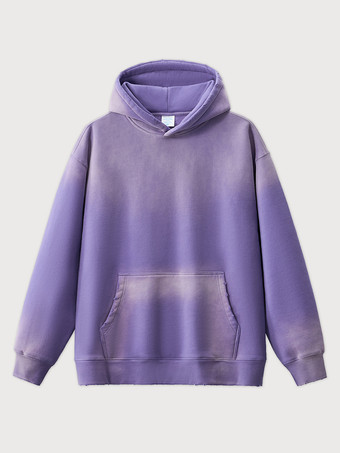 パープル メンズ フリース ウォッシュド スウェットシャツ 男性用 ダメージ加工 フード付き スウェットシャツ