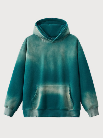 グリーン メンズ フリース ウォッシュド スウェットシャツ 男性用 ダメージ加工 フード付き スウェットシャツ