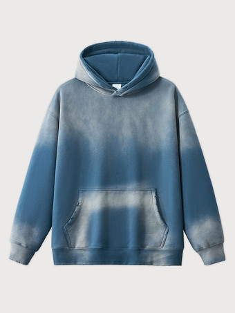 ブルー メンズ フリース ウォッシュド スウェットシャツ 男性用 ダメージ加工 フード付き スウェットシャツ