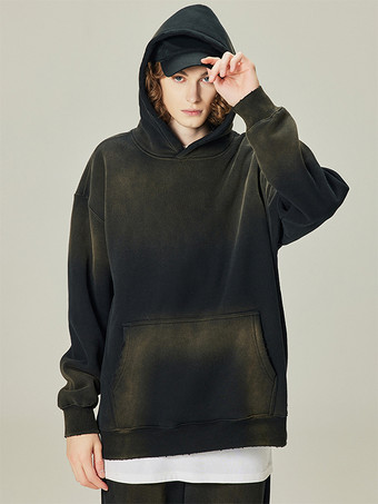 ブラック メンズ フリース ウォッシュド スウェットシャツ 男性用 ダメージ加工 フード付き スウェットシャツ
