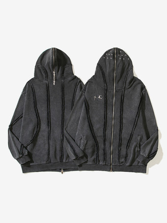 ブラック メンズ トレンディ アメリカン ウォッシュド ジッパー シャーク マスク フード付き カーディガン スウェットシャツ ルーズ ジャケット