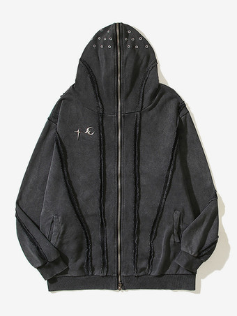 メンズ トレンディ アメリカン ウォッシュド ジッパー シャーク マスク フード付き カーディガン スウェットシャツ ルーズ ジャケット