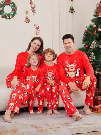 レッド 赤いお揃いのファミリークリスマスパジャマ 大人用 子供用 クリスマス柄トップパンツ