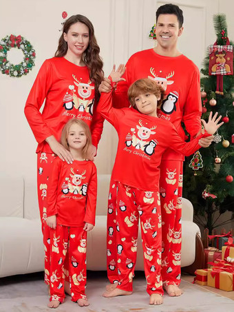 赤いお揃いのファミリークリスマスパジャマ 大人用 子供用 クリスマス柄トップパンツ