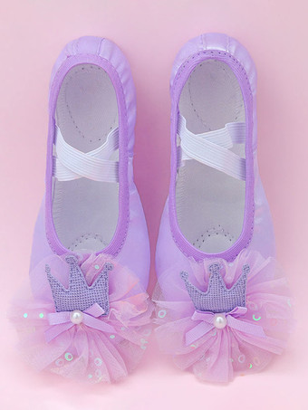 パープル バレエダンスシューズ レディース パープル ラウンドトゥ フラワー ダンスシューズ