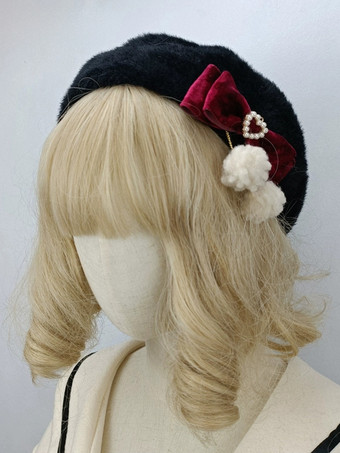 レッド＋ブラックロココ風ロリータ帽子 ピンクポンポン リボンアクセサリー カラーブロック ポリエステルロリータアクセサリー