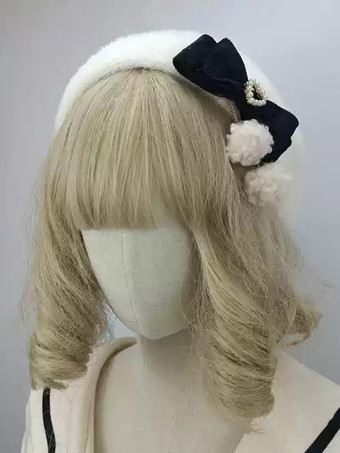 ホワイト＋ブラックロココ風ロリータ帽子 ピンクポンポン リボンアクセサリー カラーブロック ポリエステルロリータアクセサリー