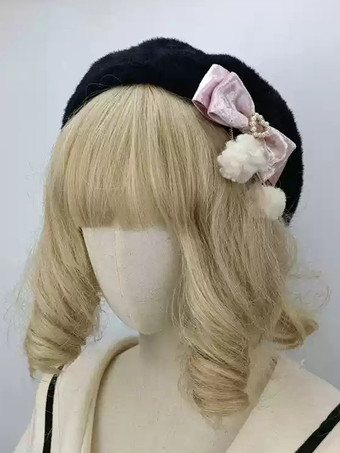 ブラック ロココ風ロリータ帽子 ピンクポンポン リボンアクセサリー カラーブロック ポリエステルロリータアクセサリー