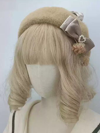ライトブラウンロココ風ロリータ帽子 ピンクポンポン リボンアクセサリー カラーブロック ポリエステルロリータアクセサリー