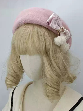 ピンクロココ風ロリータ帽子 ピンクポンポン リボンアクセサリー カラーブロック ポリエステルロリータアクセサリー