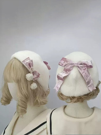 ロココ風ロリータ帽子 ピンクポンポン リボンアクセサリー カラーブロック ポリエステルロリータアクセサリー