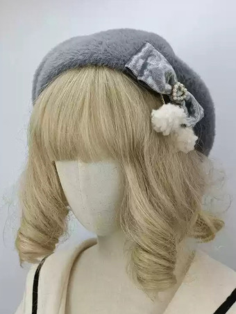 グレイロココ風ロリータ帽子 ピンクポンポン リボンアクセサリー カラーブロック ポリエステルロリータアクセサリー