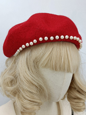 ワインレッド ロココ風ロリータ帽子 ブラックパールアクセサリー ポリエステルロリータアクセサリー