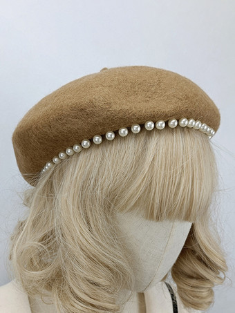 ライトブラウンロココ風ロリータ帽子 ブラックパールアクセサリー ポリエステルロリータアクセサリー