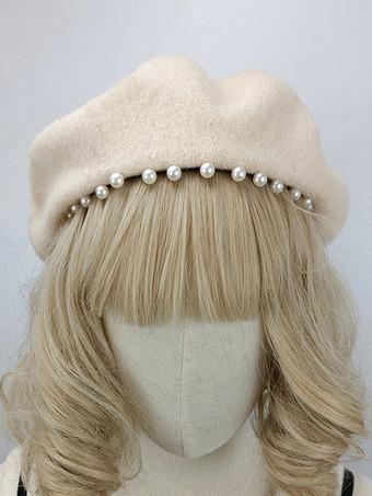 アイボリー ロココ風ロリータ帽子 ブラックパールアクセサリー ポリエステルロリータアクセサリー