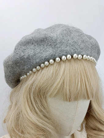グレイロココ風ロリータ帽子 ブラックパールアクセサリー ポリエステルロリータアクセサリー