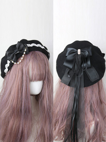 ブラック スイートロリータハット ライトスカイブルー リボン フリル アクセサリー カラーブロック ポリエステル ロリータ アクセサリー