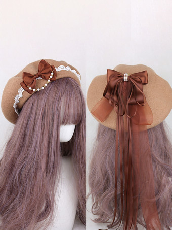 ラクダ色 スイートロリータハット ライトスカイブルー リボン フリル アクセサリー カラーブロック ポリエステル ロリータ アクセサリー