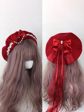 ワインレッド スイートロリータハット ライトスカイブルー リボン フリル アクセサリー カラーブロック ポリエステル ロリータ アクセサリー