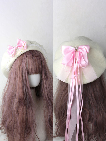 ピンクスイートロリータハット ライトスカイブルー リボン フリル アクセサリー カラーブロック ポリエステル ロリータ アクセサリー