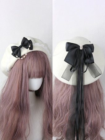 ホワイト スイートロリータハット ライトスカイブルー リボン フリル アクセサリー カラーブロック ポリエステル ロリータ アクセサリー