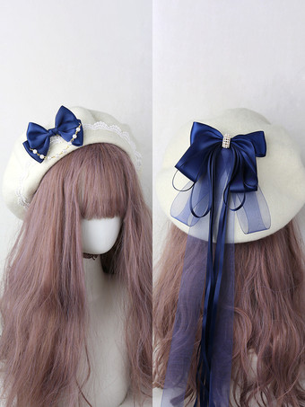 ディープブルースイートロリータハット ライトスカイブルー リボン フリル アクセサリー カラーブロック ポリエステル ロリータ アクセサリー
