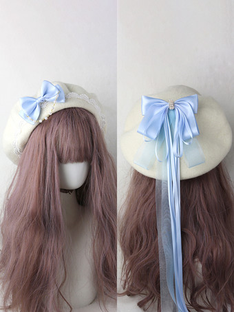 Gorro dulce de lolita con lazos en azul cielo claro y volantes accesorio de poliéster con bloques de color