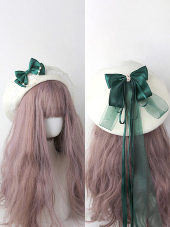 ダークグリーンスイートロリータハット ライトスカイブルー リボン フリル アクセサリー カラーブロック ポリエステル ロリータ アクセサリー
