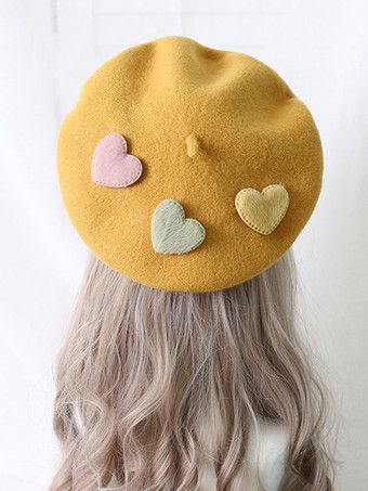イエロースイートロリータ帽子アプリコットアクセサリーハート柄ポリエステルロリータアクセサリー