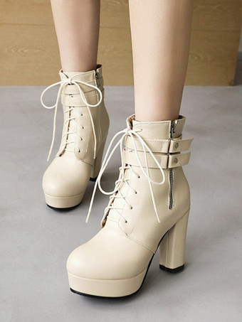 アイボリー レディース ホワイト ラウンドトゥ ブーティ チャンキーヒール アンクルブーツ