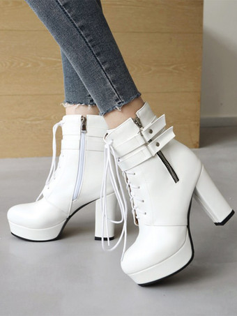 ホワイト レディース ホワイト ラウンドトゥ ブーティ チャンキーヒール アンクルブーツ