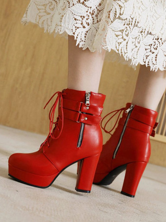 レディース ホワイト ラウンドトゥ ブーティ チャンキーヒール アンクルブーツ