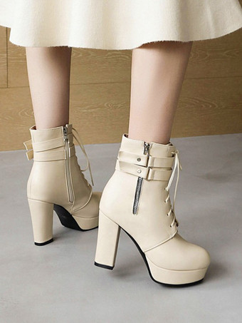 レディース ホワイト ラウンドトゥ ブーティ チャンキーヒール アンクルブーツ