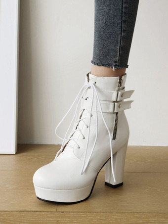 レディース ホワイト ラウンドトゥ ブーティ チャンキーヒール アンクルブーツ