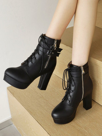 レディース ホワイト ラウンドトゥ ブーティ チャンキーヒール アンクルブーツ