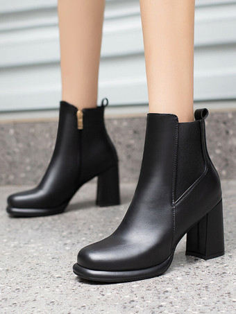 negro Botines de mujer de piel sintética roja con punta redonda y tacón grueso