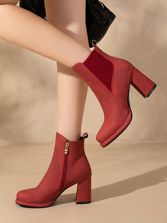 rojo Botines de mujer de piel sintética roja con punta redonda y tacón grueso